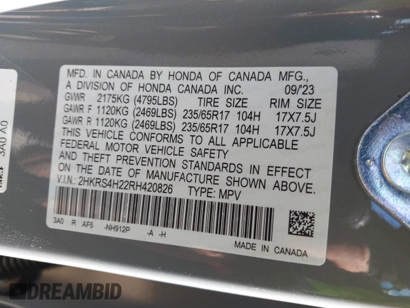 2024 Honda CR-V LX with VIN 2HKRS4H22RH420826, listed as a IAAI auction lot 41811200 with 14,515 mi miles and . Bid and sale history available at DreamBid. Image 9.