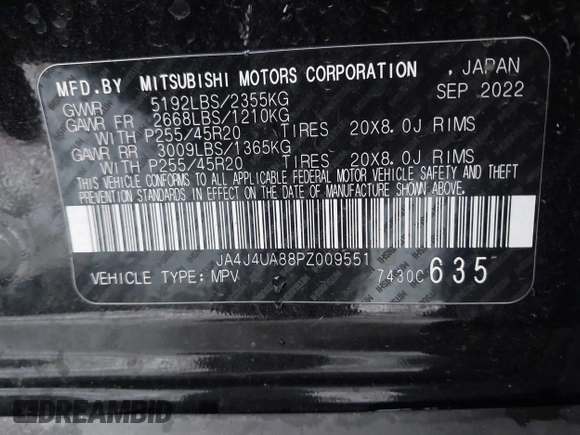 2023 Mitsubishi Outlander SE with VIN JA4J4UA88PZ009551, listed as a IAAI auction lot 41645975 with 51,945 mi miles. Bid and sale history available at carsss.com. Image 9.