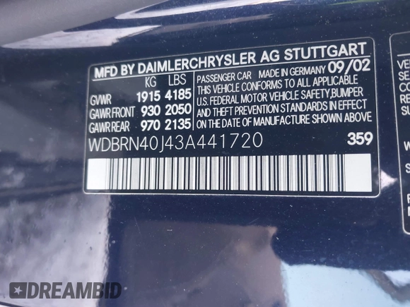 2003 Mercedes-Benz C 230 Kompressor with VIN WDBRN40J43A441720, listed as a IAAI auction lot 41279585 with Not provided miles and . Bid and sale history available at DreamBid. Image 9.
