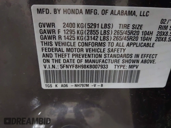 2019 Honda Passport Touring with VIN 5FNYF8H98KB007933, listed as a IAAI auction lot 41953263 with 87,614 mi miles and . Bid and sale history available at DreamBid. Image 9.