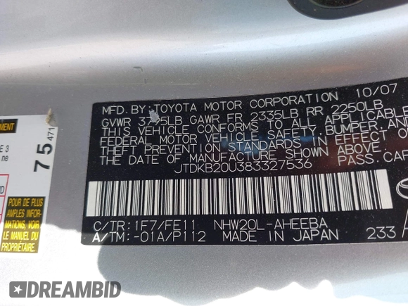 2008 Toyota Prius z VIN JTDKB20U383327536, wystawiony jako IAAI lot #42221287 z przebiegiem 145 145 mil mil oraz . Historia ofert i sprzedaży dostępna na DreamBid. Obrazek 9.