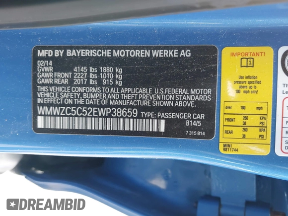 2014 MINI Countryman S with VIN WMWZC5C52EWP38659, listed as a IAAI auction lot 42229976 with 115,229 mi miles and . Bid and sale history available at DreamBid. Image 9.