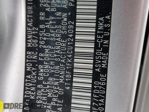 2012 Toyota Camry L with VIN 4T1BF1FK4CU124092, listed as a Copart auction lot 53513325 with 220,063 mi miles and Salvage Title. Bid and sale history available at DreamBid. Image 12.