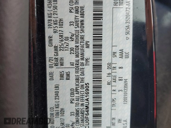 2021 Ford Escape S with VIN 1FMCU0F64MUA16905, listed as a Copart auction lot 56789955 with 72,368 mi miles and Salvage title. Bid and sale history available at DreamBid. Image 14.