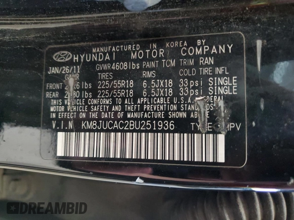 2011 Hyundai Tucson Limited with VIN KM8JUCAC2BU251936, listed as a Copart auction lot 55479205 with 110,707 mi miles and Clean Title. Bid and sale history available at DreamBid. Image 13.