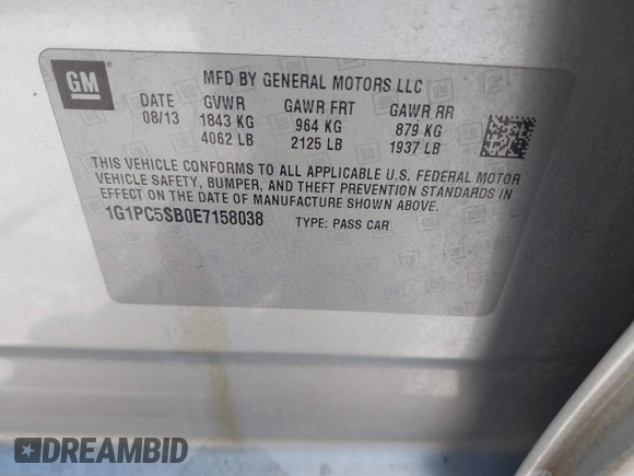 2014 Chevrolet Cruze 1LT with VIN 1G1PC5SB0E7158038, listed as a IAAI auction lot 41946995 with 164,578 mi miles and . Bid and sale history available at DreamBid. Image 9.