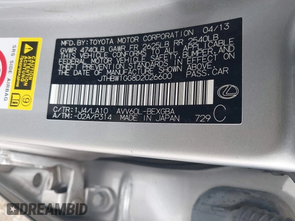 2013 Lexus ES 300h with VIN JTHBW1GG8D2026600, listed as a IAAI auction lot 42418702 with 114,652 mi miles and . Bid and sale history available at DreamBid. Image 9.