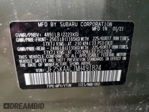 2021 Subaru Forester with VIN JF2SKAAC7MH491824, listed as a Copart auction lot 48983135 with 38,663 mi miles and Salvage title. Bid and sale history available at DreamBid. Image 14.