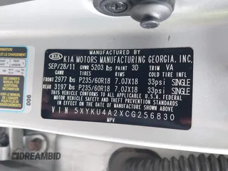 2012 Kia Sorento EX with VIN 5XYKU4A2XCG256830, listed as a IAAI auction lot 42031102 with 200,957 mi miles. Bid and sale history available at carsss.com. Image 9.