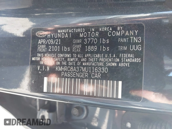 2021 Hyundai Venue SEL with VIN KMHRC8A37MU116330, listed as a IAAI auction lot 41790803 with 82,683 mi miles and . Bid and sale history available at DreamBid. Image 9.