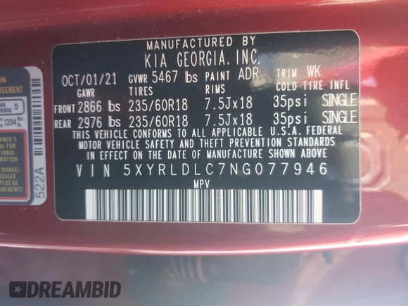 2022 Kia Sorento X-Line S with VIN 5XYRLDLC7NG077946, listed as a Copart auction lot 42482105 with 40,472 mi miles and Salvage Title. Bid and sale history available at carsss.com. Image 13.
