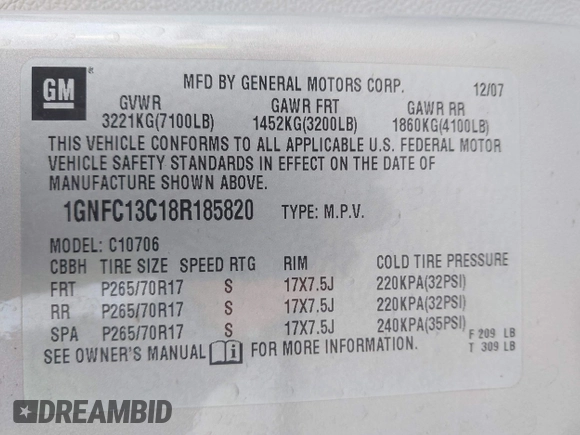 2008 Chevrolet Tahoe LS with VIN 1GNFC13C18R185820, listed as a IAAI auction lot 42662827 with 186,500 mi miles and . Bid and sale history available at DreamBid. Image 9.