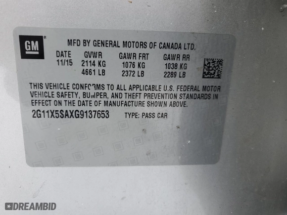 2016 Chevrolet Impala LS with VIN 2G11X5SAXG9137653, listed as a Copart auction lot 88503045 with 207,539 mi miles and Clean Title. Bid and sale history available at carsss.com. Image 12.