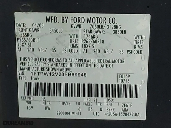 2008 Ford F-150 XLT with VIN 1FTPW12V28FB89948, listed as a IAAI auction lot 40197659 with 238,596 mi miles. Bid and sale history available at carsss.com. Image 9.