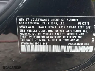 2013 Volkswagen Passat SE w/Sunroof with VIN 1VWBH7A31DC113637, listed as a IAAI auction lot 41854340 with 188,606 mi miles. Bid and sale history available at carsss.com. Image 9.