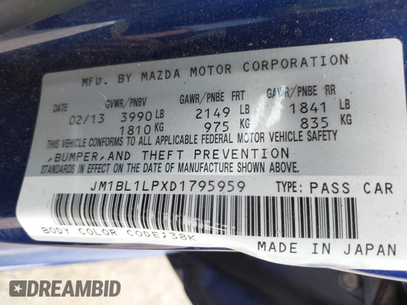 2013 Mazda 3 i Touring with VIN JM1BL1LPXD1795959, listed as a IAAI auction lot 42116268 with 100,412 mi miles and . Bid and sale history available at DreamBid. Image 9.