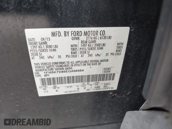 2014 Ford Explorer XLT with VIN 1FM5K7D86EGA68984, listed as a IAAI auction lot 41906742 with 145,292 mi miles and . Bid and sale history available at carsss.com. Image 9.