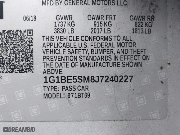 2018 Chevrolet Cruze LT with VIN 1G1BE5SM8J7240227, listed as a IAAI auction lot 41522265 with 103,708 mi miles. Bid and sale history available at carsss.com. Image 9.