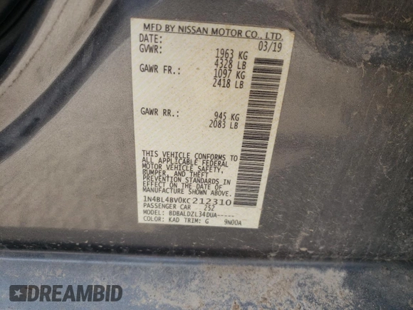 2019 Nissan Altima 2.5 S with VIN 1N4BL4BV0KC212310, listed as a Copart auction lot 51321905 with 39,289 mi miles and Salvage Title. Bid and sale history available at carsss.com. Image 13.