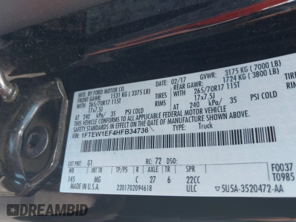 2017 Ford F-150 XL with VIN 1FTEW1EF4HFB34736, listed as a IAAI auction lot 40129669 with 130,947 mi miles and . Bid and sale history available at DreamBid. Image 9.