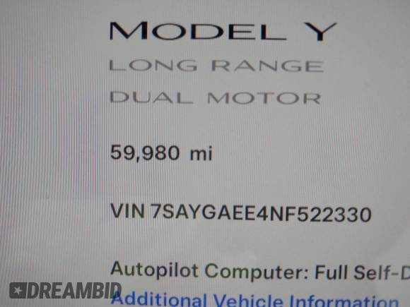 2022 Tesla Model Y Long Range with VIN 7SAYGAEE4NF522330, listed as a IAAI auction lot 42046691 with 59,980 mi miles and . Bid and sale history available at carsss.com. Image 14.
