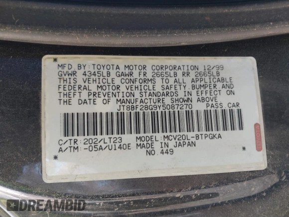 2000 Lexus ES 300 с VIN JT8BF28G9Y5087270, выставлен на аукционе IAAI как лот 41345901 с пробегом 160 873 миль миль и . История ставок и продаж доступна на DreamBid. Изображение 9.