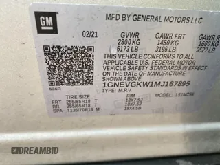 2021 Chevrolet Traverse LT Cloth z VIN 1GNEVGKW1MJ167895, wystawiony jako IAAI lot #42556202 z przebiegiem 57 031 mil mil oraz . Historia ofert i sprzedaży dostępna na DreamBid. Obrazek 1.