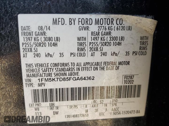 2015 Ford Explorer XLT with VIN 1FM5K7D85FGA64362, listed as a Copart auction lot 50037985 with 169,622 mi miles and Non Repairable. Bid and sale history available at carsss.com. Image 13.