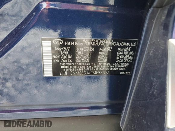 2021 Hyundai Santa Fe Calligraphy z VIN 5NMS5DAL1MH371927, wystawiony jako Copart lot #62935825 z przebiegiem 36 605 mil mil oraz Nie do naprawy • Non repairable. Historia ofert i sprzedaży dostępna na DreamBid. Obrazek 14.