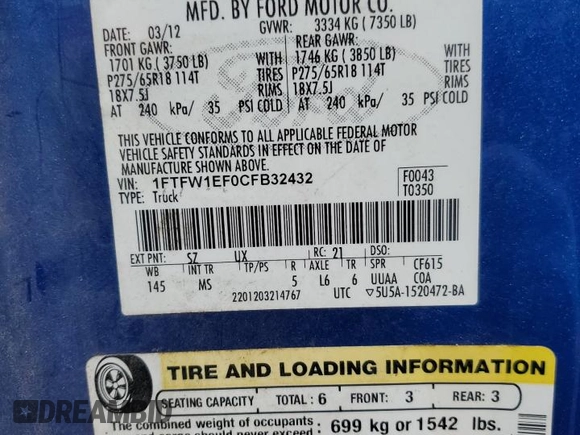 2012 Ford F-150 XL with VIN 1FTFW1EF0CFB32432, listed as a Copart auction lot 57933145 with 169,099 mi miles and Salvage title. Bid and sale history available at DreamBid. Image 12.