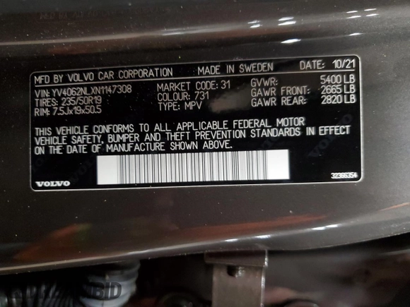 2022 Volvo V90 z VIN YV4062NLXN1147308, wystawiony jako Copart lot #75272543 z przebiegiem 11 702 mil mil oraz . Historia ofert i sprzedaży dostępna na DreamBid. Obrazek 14.