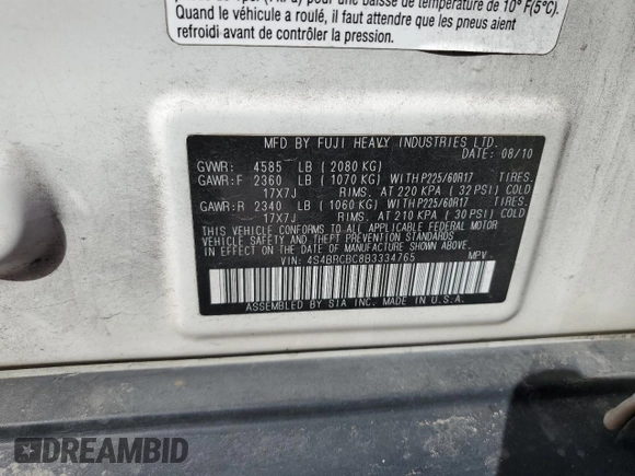 2011 Subaru Outback Prem with VIN 4S4BRCBC8B3334765, listed as a Copart auction lot 49220445 with 171,941 mi miles and Salvage Title. Bid and sale history available at DreamBid. Image 13.