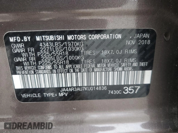 2019 Mitsubishi Outlander ES z VIN JA4AR3AU7KU014836, wystawiony jako Copart lot #55296935 z przebiegiem 14 378 mil mil oraz Szkody całkowita. Historia ofert i sprzedaży dostępna na DreamBid. Obrazek 14.