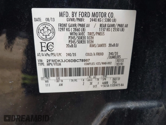 2013 Ford Edge SEL with VIN 2FMDK3JC6DBC78987, listed as a IAAI auction lot 41860911 with 120,745 mi miles. Bid and sale history available at carsss.com. Image 9.