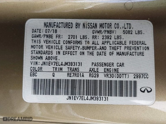 2018 Infiniti Q60 3.0t LUXE with VIN JN1EV7EL4JM393131, listed as a IAAI auction lot 41813420 with 87,571 mi miles. Bid and sale history available at carsss.com. Image 9.