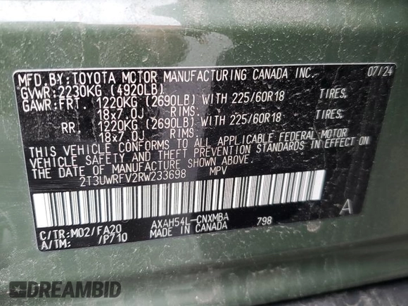2024 Toyota RAV4 Hybrid LE with VIN 2T3UWRFV2RW233698, listed as a Copart auction lot 58485325 with 6,873 mi miles and Salvage title. Bid and sale history available at DreamBid. Image 14.