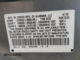 2005 Honda Odyssey EX-L with VIN 5FNRL38715B116530, listed as a Copart auction lot 50807575 with 216,434 mi miles and Salvage Title. Bid and sale history available at DreamBid. Image 15.