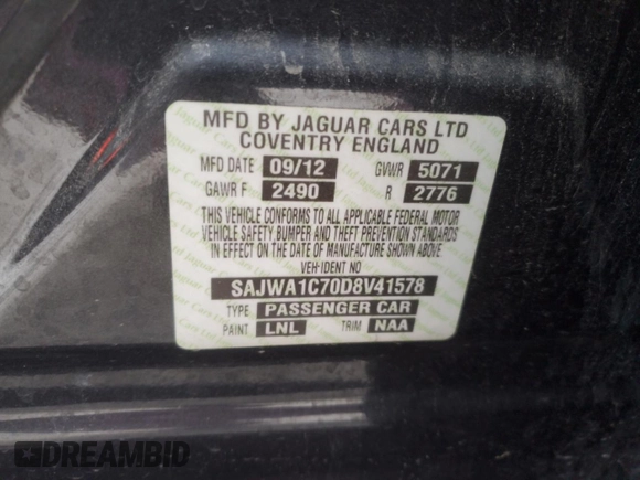 2013 Jaguar XJ with VIN SAJWA1C70D8V41578, listed as a Copart auction lot 89080585 with 76,063 mi miles and Salvage Title. Bid and sale history available at DreamBid. Image 12.