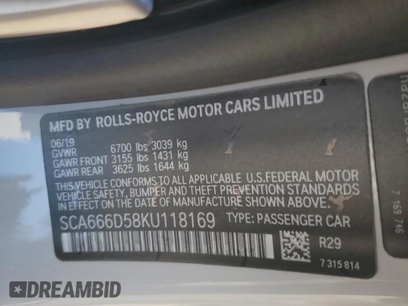 2019 Rolls-Royce Dawn z VIN SCA666D58KU118169, wystawiony jako Copart lot #86595254 z przebiegiem 20 442 mil mil oraz Szkoda całkowita • Salvage title. Historia ofert i sprzedaży dostępna na DreamBid. Obrazek 13.