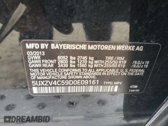 2013 BMW X5 xDrive35i with VIN 5UXZV4C59D0E09161, listed as a Copart auction lot 52372115 with 117,719 mi miles and Salvage Title. Bid and sale history available at carsss.com. Image 13.