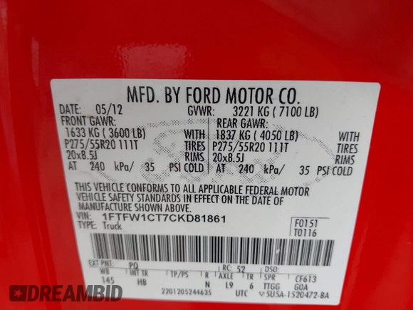 2012 Ford F-150 XL with VIN 1FTFW1CT7CKD81861, listed as a IAAI auction lot 41891847 with 116,262 mi miles. Bid and sale history available at carsss.com. Image 9.