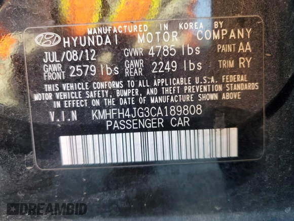 2012 Hyundai Azera with VIN KMHFH4JG3CA189808, listed as a Copart auction lot 47324765 with 104,518 mi miles and Clean Title. Bid and sale history available at DreamBid. Image 12.