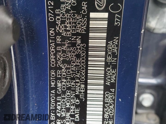 2013 Lexus ES 300h with VIN JTHBW1GG6D2003073, listed as a Copart auction lot 55830465 with 264,579 mi miles and Clean Title. Bid and sale history available at DreamBid. Image 12.