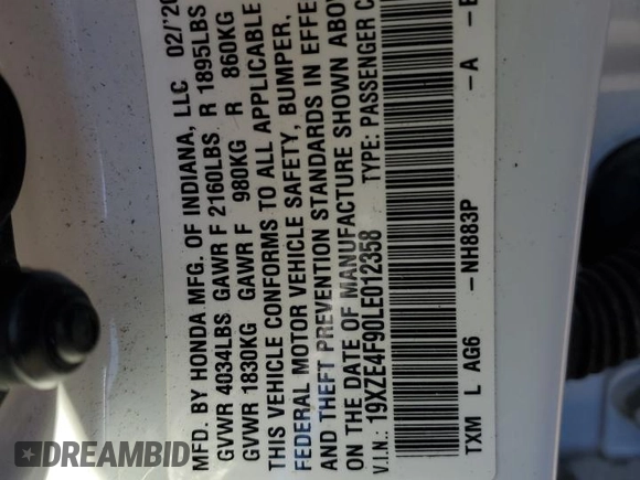 2020 Honda Insight Touring with VIN 19XZE4F90LE012358, listed as a Copart auction lot 45028165 with 63,986 mi miles and Salvage Title. Bid and sale history available at carsss.com. Image 14.