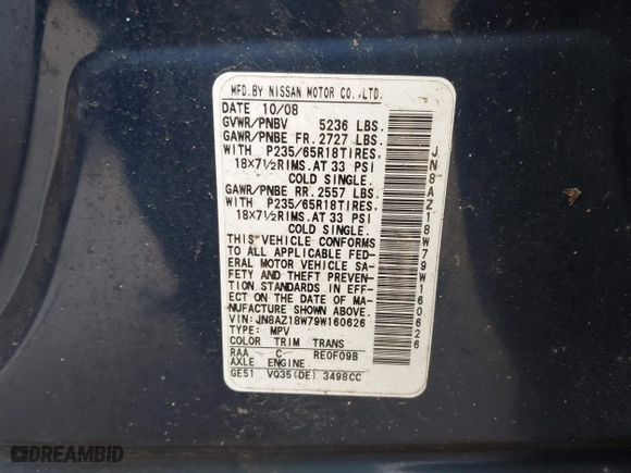 2009 Nissan Murano SL with VIN JN8AZ18W79W160626, listed as a IAAI auction lot 41786916 with 211,448 mi miles. Bid and sale history available at carsss.com. Image 9.