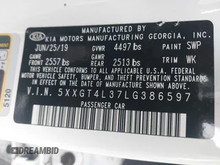 2020 Kia Optima LX with VIN 5XXGT4L37LG386597, listed as a IAAI auction lot 41934068 with 133,820 mi miles and . Bid and sale history available at DreamBid. Image 9.