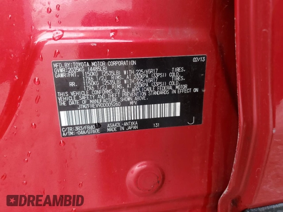 2013 Toyota RAV4 LE with VIN JTMZFREV9DD005260, listed as a Copart auction lot 44348425 with 223,991 mi miles and Salvage Title. Bid and sale history available at DreamBid. Image 13.