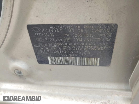 2007 Hyundai Elantra GLS with VIN KMHDU46D57U028219, listed as a IAAI auction lot 42573097 with 298,096 mi miles and . Bid and sale history available at DreamBid. Image 9.