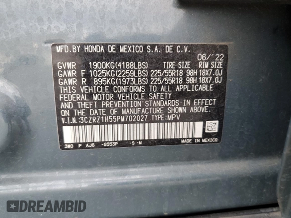 2023 Honda HR-V Sport with VIN 3CZRZ1H55PM702027, listed as a Copart auction lot 59563395 with 71,311 mi miles and Salvage title. Bid and sale history available at DreamBid. Image 14.