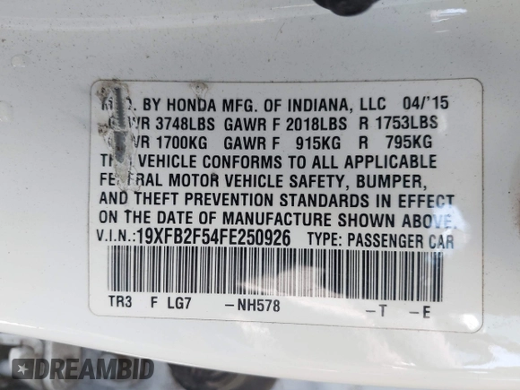 2015 Honda Civic Sedan LX with VIN 19XFB2F54FE250926, listed as a IAAI auction lot 41993601 with 119,881 mi miles. Bid and sale history available at carsss.com. Image 9.